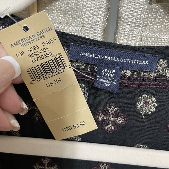 American Eagle Tiered Peasant Dress Size XS Black Embroidered Tassels Boho NEW - Picture 9 of 12